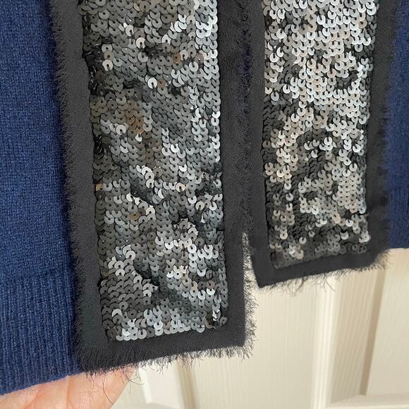 Aqua Cashmere Sweater Cardigan Navy Black Matte Sequin Detail Sz S Old Money - Picture 6 of 12
